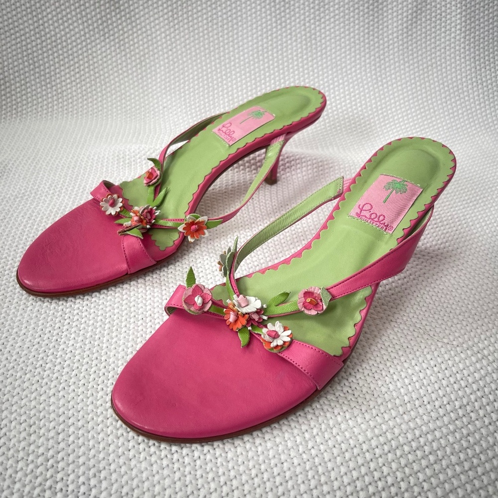 Y2K Lilly Pulitzer Floral Pink Flip Flop Kitten Heels Palm Beach Preppy